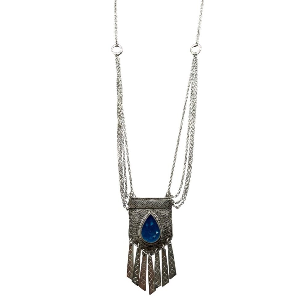 Boho Vintage Silver Necklace  Blue Pendant & Dangling Accents Tribal Statement J